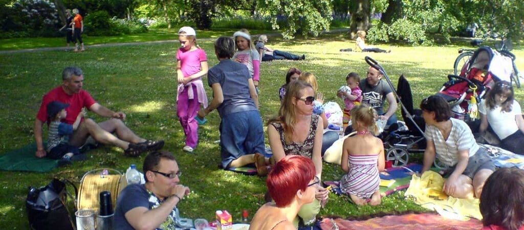 människor som sitter på gräset och har picknick