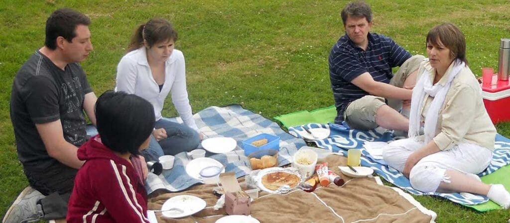folk som har picknick på gräset