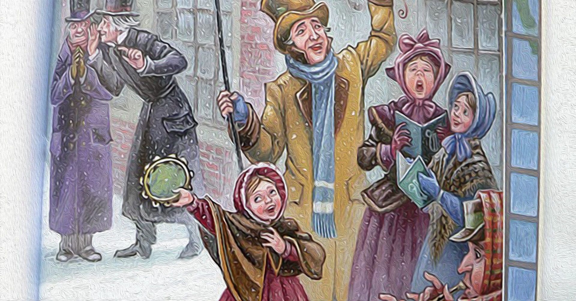 група людей, які співають пісні в сніжному місті 19-го століття