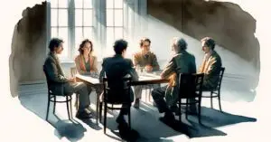 sex personer som sitter vid ett bord och diskuterar något