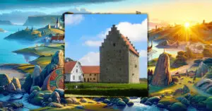 medeltida borg med tecknad bakgrund