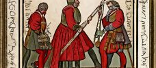 tre krigande män i röda kläder